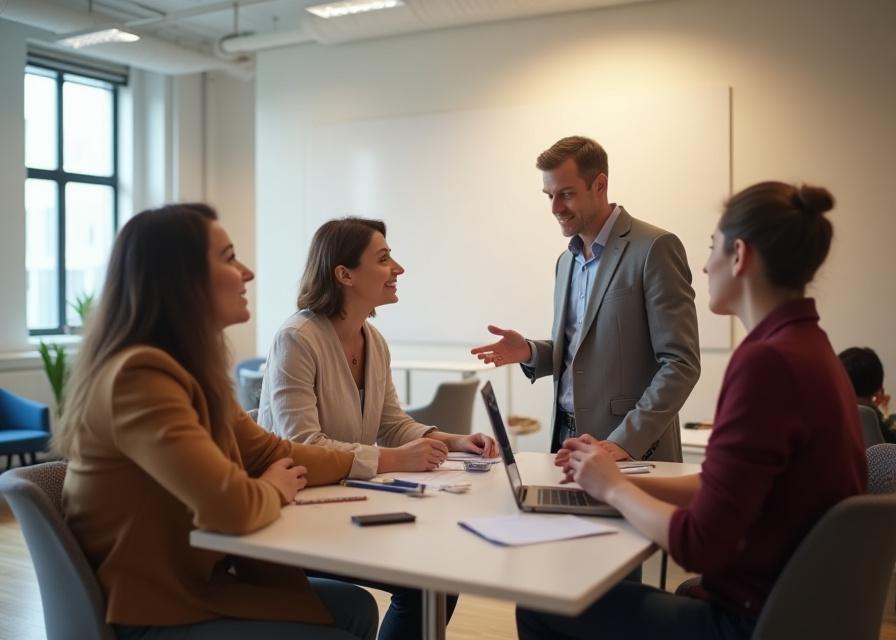 Axiom Talent teamet diskuterer strategier i et moderne kontormiljø